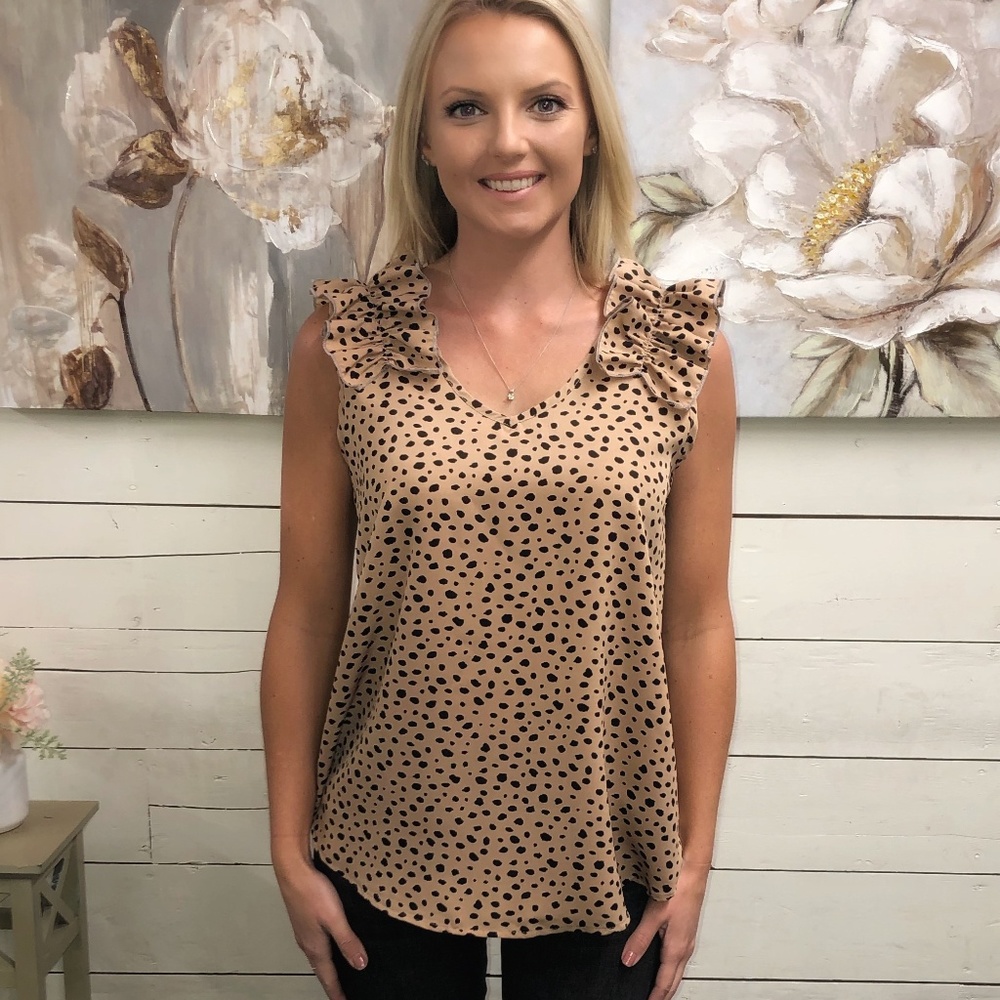 Polka Dot Ruffle Sleeve Tank - Taupe